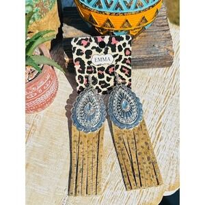 Emma Western Teardrop Earrings Silver Rhinestone Faux Suede Fringe Dangle Boho